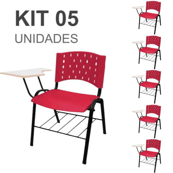 Imagem de KIT 05 Cadeiras Escolares Universitárias com Prancheta e Porta Livros e apoio de braços Cor Vermelho REAPLAST