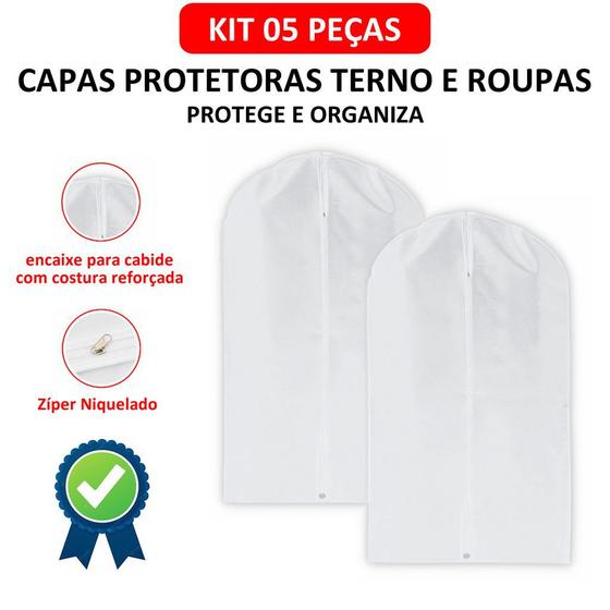 Imagem de Kit 05 Capas Terno e Roupas com Zíper TNT Impermeável Protetor Roupas Terno Viagens Branco