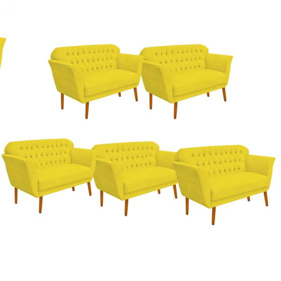 Imagem de Kit 05 Namoradeira  Decorativa  Ster com Capitone Pés Palito em Madeira 2 Lugares Sala de Estar Recepção Escritório material sintético Amarelo - Damaffê Móveis