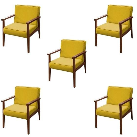 Imagem de Kit 05 Poltrona Cadeira Miami Luxo Recepção Sala Escritório Madeira Suede Amarelo - Ahazzo Móveis