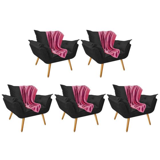 Imagem de Kit 05 Poltronas Fatte Premium Luxo com Manta Soft Microfibra Rosa Suede Preto - Ahazzo Móveis