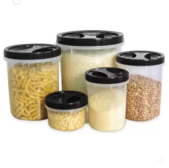 Imagem de Kit 05 Potes para Mantimentos Redondo Plasútil Preto Cozinha Arroz Cozinha Feijão Alimentos Plástico
