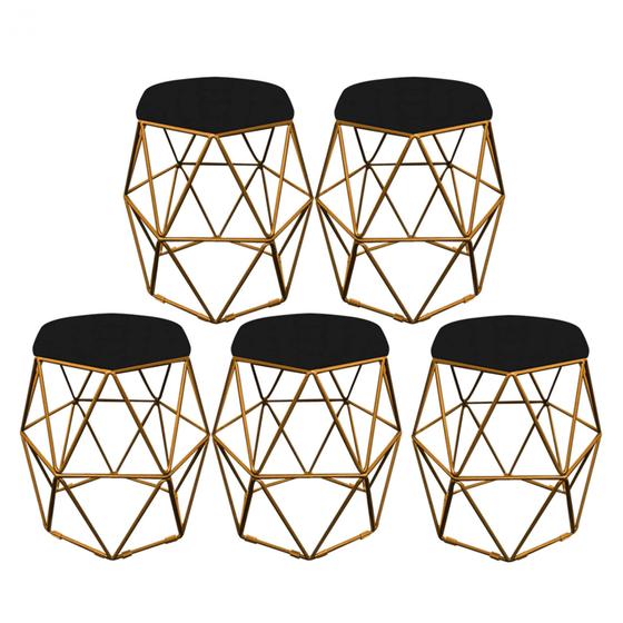 Imagem de Kit 05 Puff Banqueta Aramado Luna Para Penteadeira Hexágono Base Dourado Suede Preto - Ahazzo Móveis