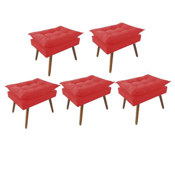 Imagem de Kit 05 Puff Opala decorativo  Pés em Madeira Sala de Estar Recepção Consultório Suede Vermelho - Damaffê Móveis