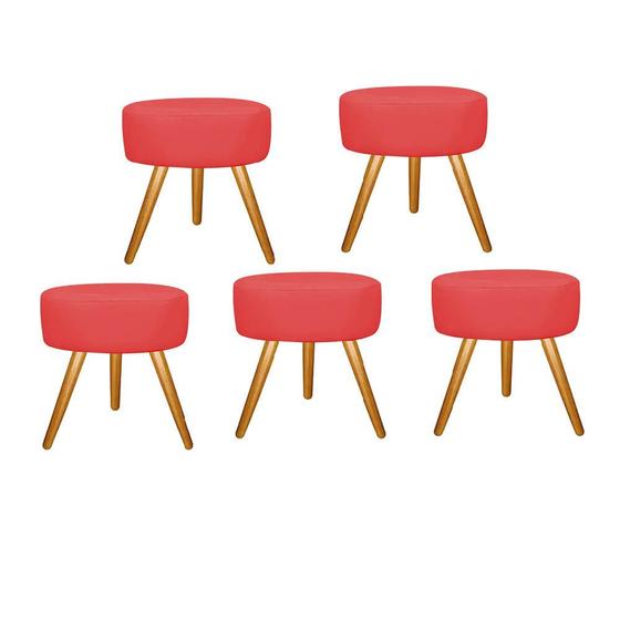 Imagem de Kit 05 Puff Sofia Redondo Decorativo  Pé Palito Sala de Estar Recepção Escritório Tecido Sintético Vermelho - KDAcanto Móveis
