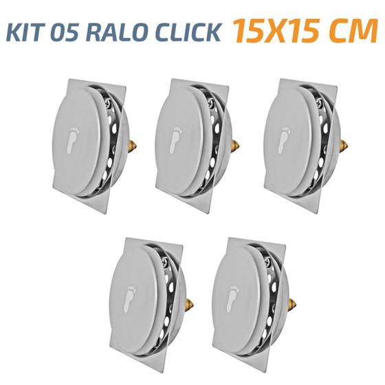 Imagem de Kit 05 Ralo Click Quadrado 15X15 Inox Veda Cheiro E Insetos