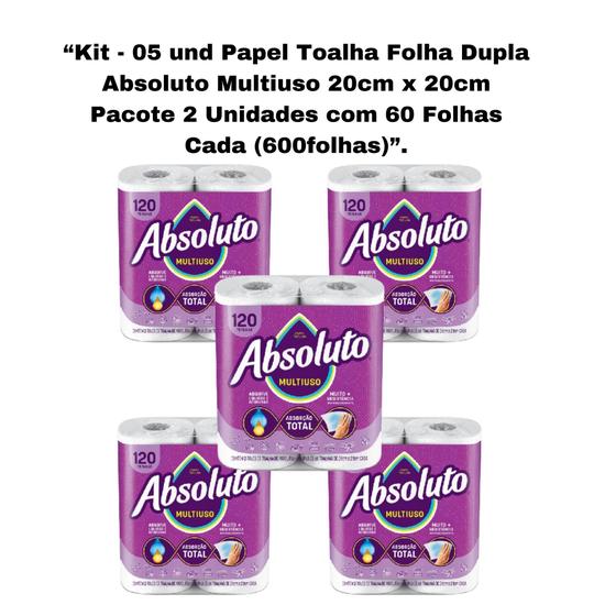 Imagem de Kit 05 und Papel Toalha Folha Dupla Absoluto Multiuso 20cm x 20cm Pacote 2 Unidades com 60 Folhas.