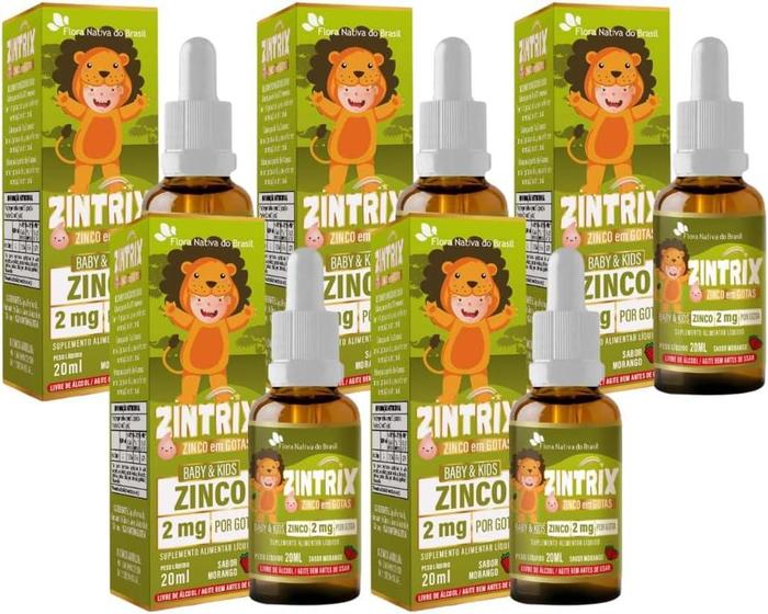 Imagem de Kit 05 Zintrix Zinco Em Gotas 20Ml Sabor Morango Kids Flora