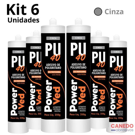 Imagem de Kit 06 Adesivo PU 40 PowerVed Metal Vidro Cinza 350g