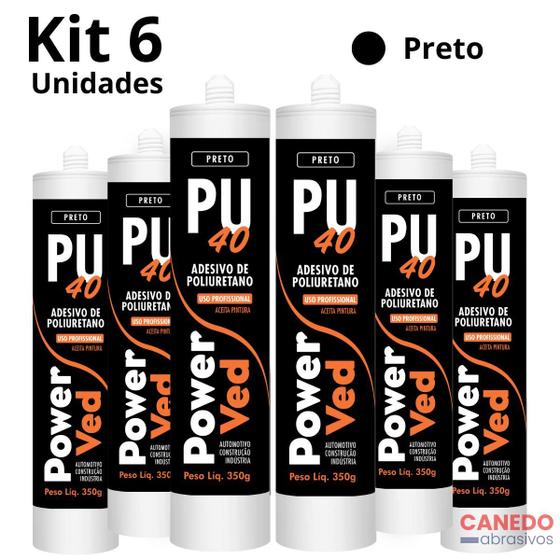 Imagem de Kit 06 Adesivo PU 40 PowerVed Metal Vidro Preto 350g