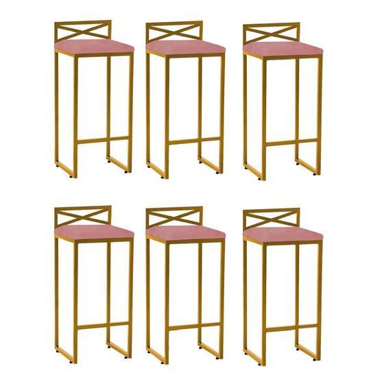 Imagem de Kit 06 Banqueta Alta Com Encosto Ema Balcão Bar Cozinha Bistrô Ferro Dourado Suede Rose Gold - Ahazzo Móveis