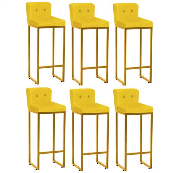 Imagem de Kit 06 Banqueta Alta Com Encosto Lucca Industrial Cozinha Balcão Ferro Dourado Botão Suede Amarelo - Ahazzo Móveis