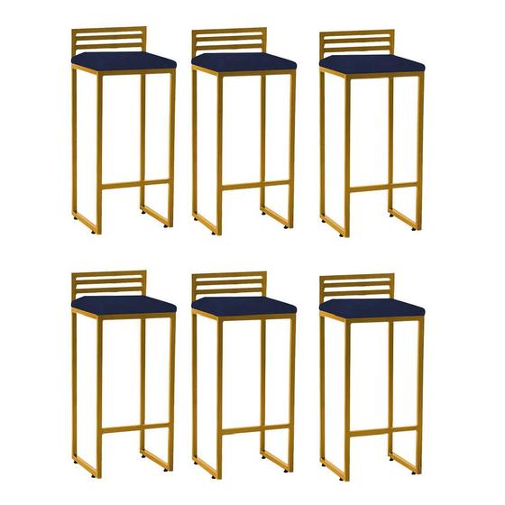 Imagem de Kit 06 Banqueta Alta Com Encosto Núria Balcão Bar Cozinha Bistrô Ferro Dourado Suede Azul Marinho - Ahz Móveis