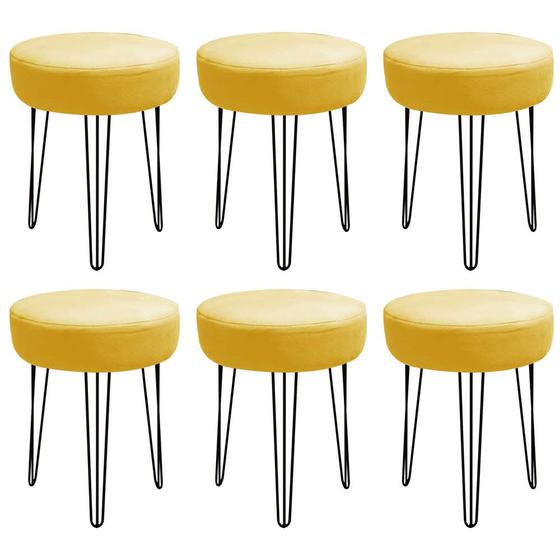 Imagem de Kit 06 Banqueta Alta Julia Industrial 55cm Ferro Preto Suede Amarelo - Ahz Móveis