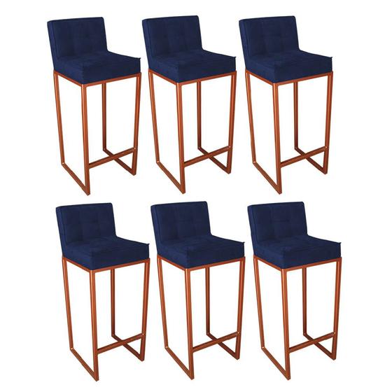 Imagem de Kit 06 Banqueta Alta Linne Com Encosto Cozinha Bar Balcão Bistrô Ferro Bronze Suede Azul Marinho - Ahazzo Móveis