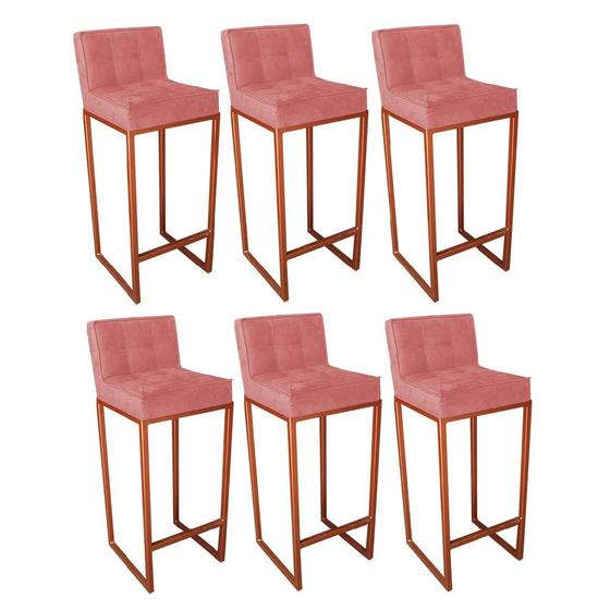 Imagem de Kit 06 Banqueta Alta Linne Com Encosto Cozinha Bar Balcão Bistrô Ferro Bronze Suede Rose Gold - Ahazzo Móveis