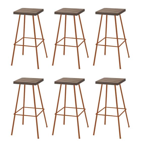 Imagem de Kit 06 Banquetas Alta Eliza 75cm Industrial Para Cozinha Ferro Bronze 100% MDF Carvalho - Ahazzo Móveis