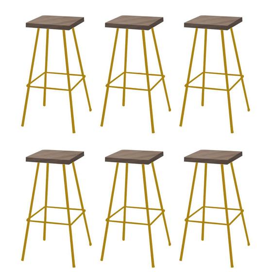 Imagem de Kit 06 Banquetas Alta Eliza 75cm Industrial Para Cozinha Ferro Dourado 100% MDF Castanho - Ahz Móveis