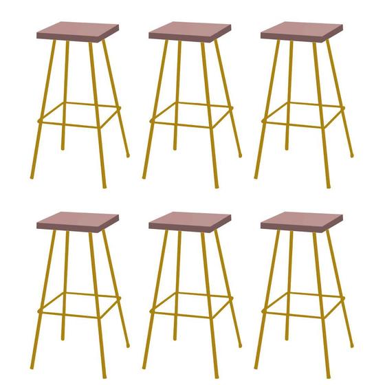 Imagem de Kit 06 Banquetas Alta Eliza 75cm Industrial Para Cozinha Ferro Dourado 100% MDF Rose - Ahazzo Móveis