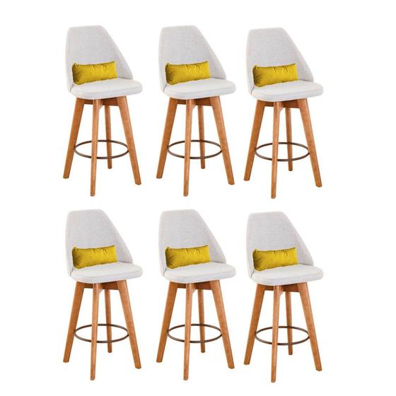 Imagem de Kit 06 Banquetas Alta Maya Giratória Com Encosto Linho Bege Claro e Almofada Suede Amarelo - Aurora Line