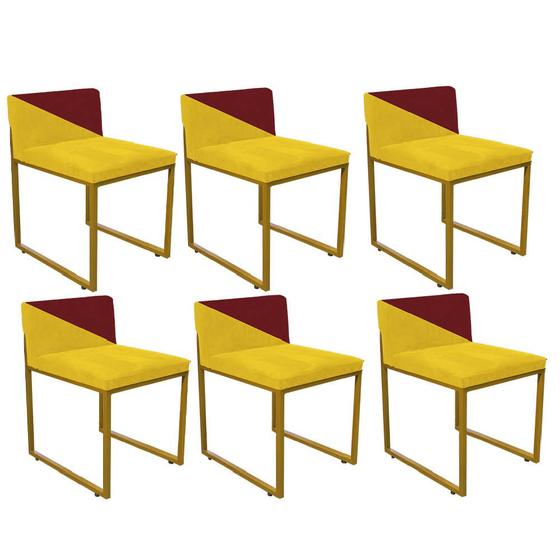 Imagem de Kit 06 Cadeira Office Lee Duo Sala de Jantar Industrial Ferro Dourado material sintético Amarelo e Vermelho - Ahz Móveis