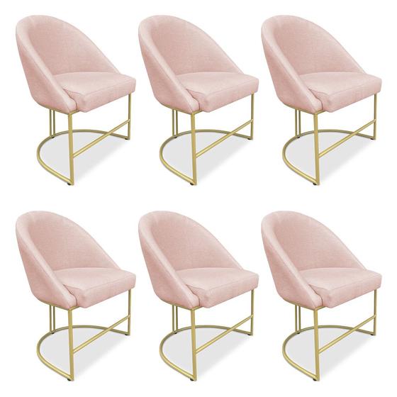 Imagem de Kit 06 Cadeiras Poltrona de Jantar Bela Suede Rosa Bebê Base Metálica Industrial Dourado - Pallazio