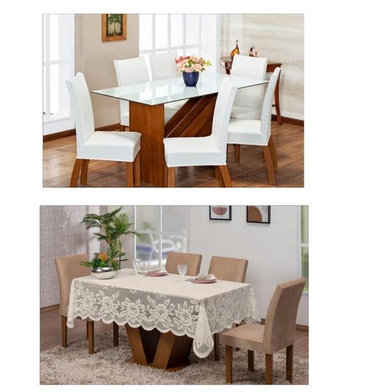 Imagem de Kit 06 Capas Para Cadeira Jantar Com Elástico + Toalha De Mesa 06 Cadeiras Em Renda Palha