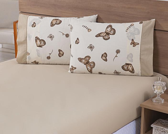 Imagem de Kit 06 Fronhas Avulsas 80x60cm Percal 100% Algodão 180 Fios Estampada Borboleta Caqui c/ Barrado Caqui