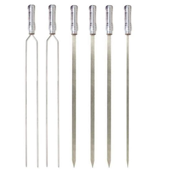 Imagem de Kit 06 Pçs Espeto Churrasco Misto Aço Inox Duplo + Chato largo + Chato Estreito 75 Cm Cabo Madeira Revestido Alumínio