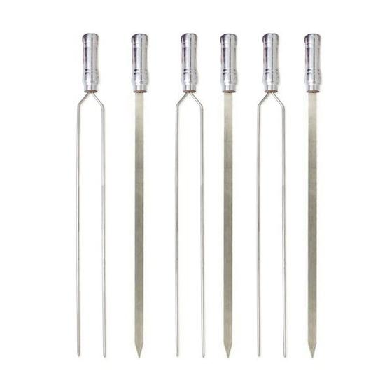 Imagem de Kit 06 Peças Espeto Churrasco Aço Inox Duplo + Chato Largo 95 Cm Cabo Madeira Revestido Alumínio HANNAH