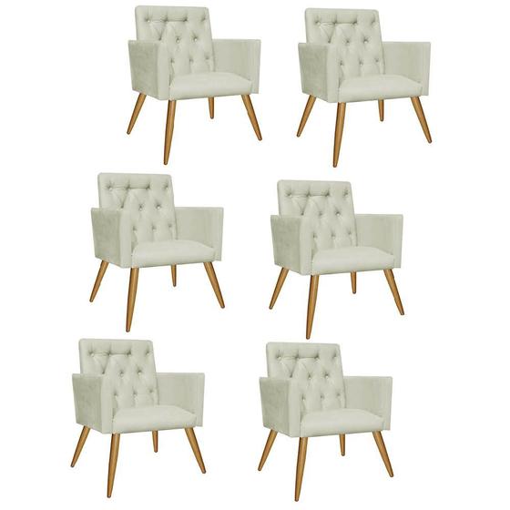 Imagem de Kit 06 Poltrona Cadeira Decorativa  Fernanda com Capitone Pés Palito  Sala de  Estar Recepção Escritório Suede Bege - Damaffê Móveis