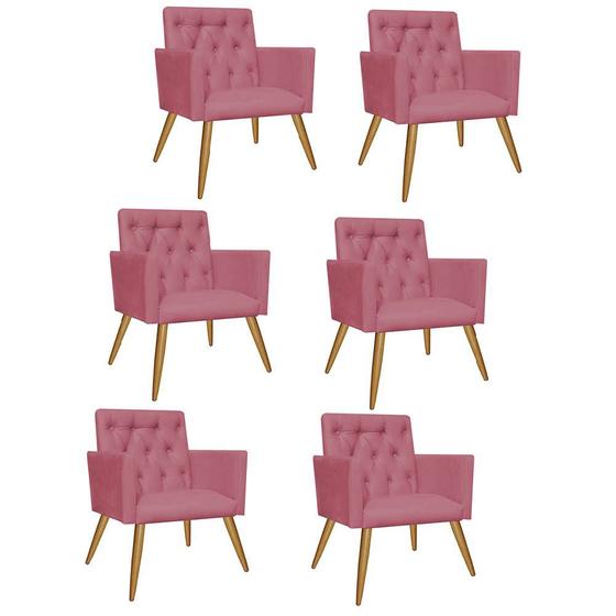 Imagem de Kit 06 Poltrona Cadeira Decorativa  Fernanda com Capitone Pés Palito  Sala de  Estar Recepção Escritório Suede Rosa Bebê - Damaffê Móveis