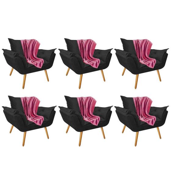 Imagem de Kit 06 Poltronas Fatte Premium Luxo com Manta Soft Microfibra Rosa Suede Preto - Ahazzo Móveis