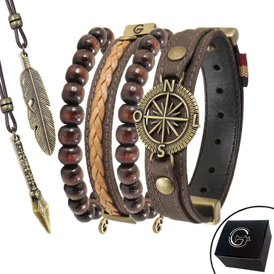Imagem de Kit 06 Pulseiras e Colares - Pulseira de Couro Marrom Bússola Rosa dos Ventos e Esferas Madeira e Fecho Strap