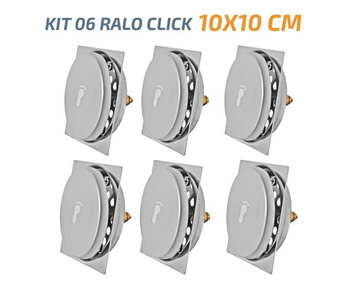 Imagem de Kit 06 Ralo Click Quadrado 10X10 Inox Veda Cheiro E Insetos