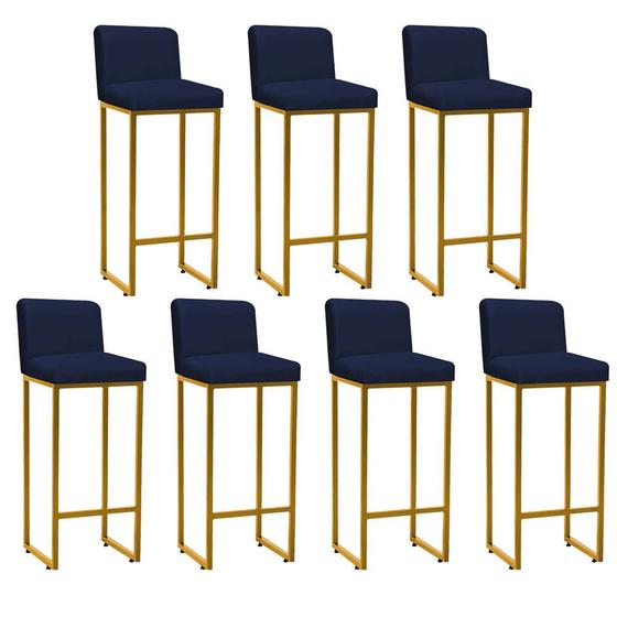 Imagem de Kit 07 Banqueta Alta Com Encosto Lucca -60cm chão até o assento Industrial Ferro Dourado Sintético Azul Marinho - Ahz Móveis