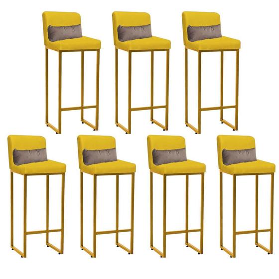 Imagem de Kit 07 Banqueta Alta com Encosto Lucca Industrial Cozinha Balcão Ferro Dourado Suede Amarelo e Almofada Bege - Ahz Móveis