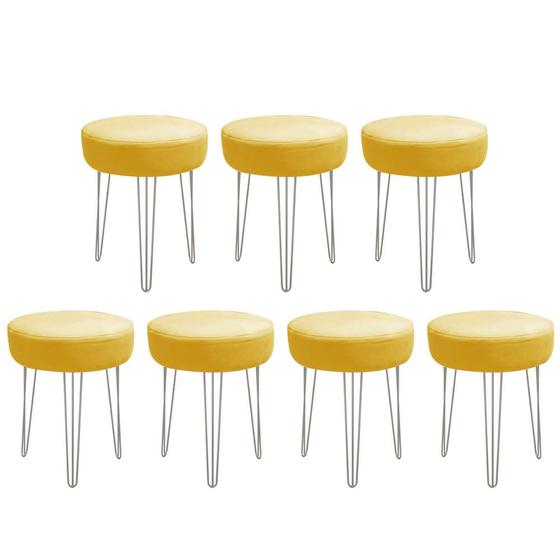 Imagem de Kit 07 Banqueta Alta Julia Industrial 55cm Ferro Cinza Suede Amarelo - Ahz Móveis