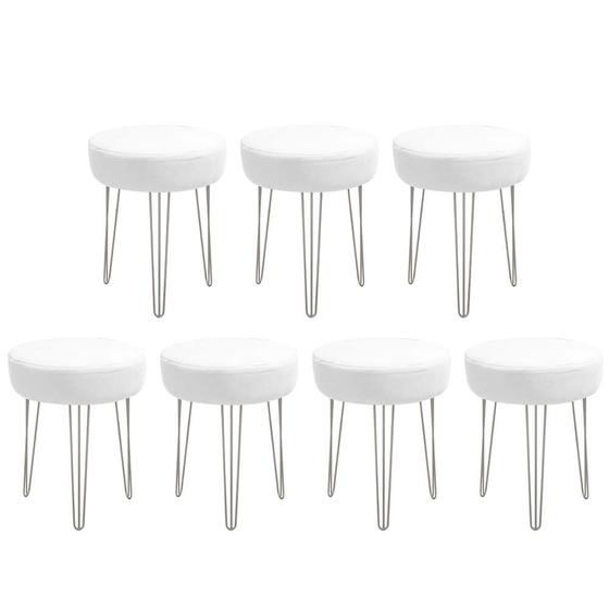 Imagem de Kit 07 Banqueta Alta Julia Industrial 55cm Ferro Prata Suede Branco - Ahz Móveis