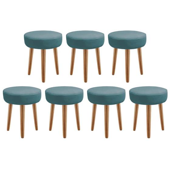 Imagem de Kit 07 Banqueta Alta Julia Industrial 55cm Pé Palito Caramelo Suede Azul Turquesa - Ahz Móveis