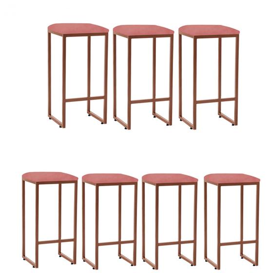 Imagem de Kit 07 Banqueta Alta Lua Industrial Cozinha Bar Balcão Bistrô Ferro Bronze Suede Rose Gold - Ahazzo Móveis