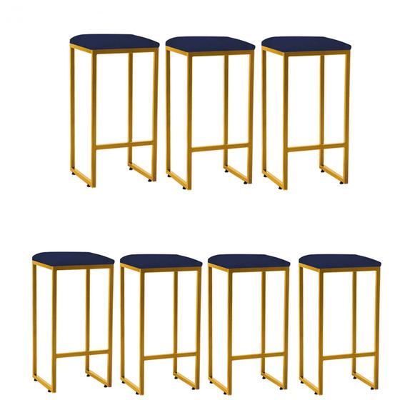 Imagem de Kit 07 Banqueta Alta Lua Industrial Cozinha Bar Balcão Bistrô Ferro Dourado Suede Azul Marinho - Ahazzo Móveis