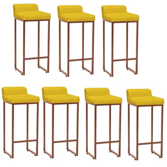 Imagem de Kit 07 Banqueta Alta Mia Com Encosto Cozinha Bistrô Bar Balcão Ferro Bronze material sintético Amarelo - Ahazzo Móveis