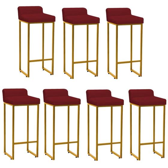 Imagem de Kit 07 Banqueta Alta Mia Com Encosto Cozinha Bistrô Bar Balcão Ferro Dourado Suede Vermelho - Ahz Móveis