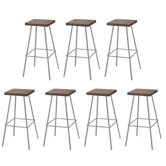 Imagem de Kit 07 Banquetas Alta Eliza 75cm Industrial Para Cozinha Ferro Prata 100% MDF Rústico - Ahazzo Móveis