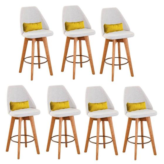Imagem de Kit 07 Banquetas Alta Maya Giratória Com Encosto Gourmet Linho Bege e Almofada Suede Amarelo - Gat Magazine