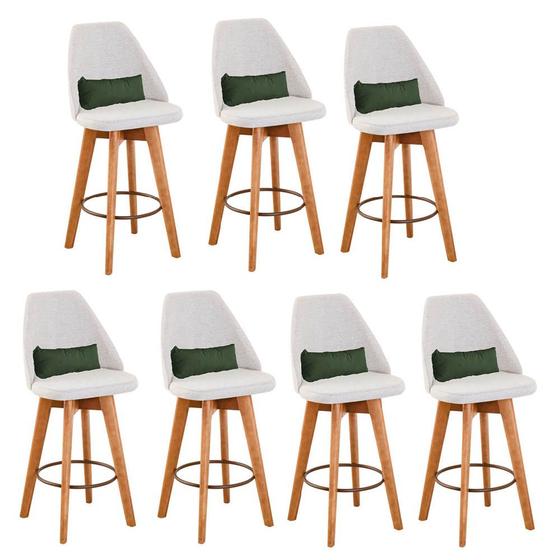 Imagem de Kit 07 Banquetas Alta Maya Giratória Com Encosto Gourmet Linho Bege e Almofada Suede Verde Musgo - Gat Magazine