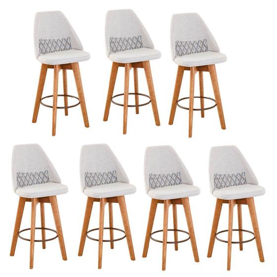 Imagem de Kit 07 Banquetas Alta Maya Giratória Com Encosto Gourmet Linho Bege e Almofada ZigZag - Gat Magazine