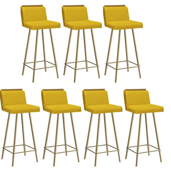 Imagem de Kit 07 Banquetas Com Encosto Menne Eiffel Bistrô Cozinha Aplique Ferro Dourado Suede Amarelo  - Ahz Móveis