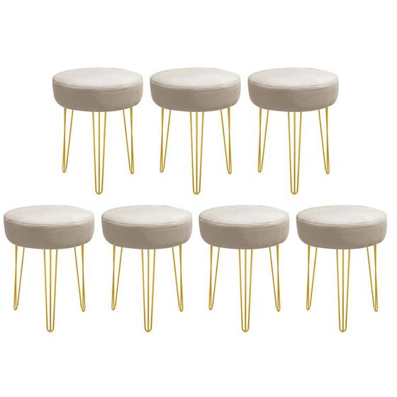 Imagem de Kit 07 Banquetas Puff Jullia Luxo 55cm Industrial Ferro Dourado material sintético Bege - Ahazzo Móveis